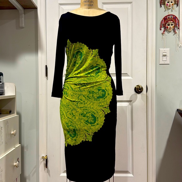 BCBGMaxAzria Dresses & Skirts - BCBGMaxazria Black dress with green/ lime color design in perfect condition